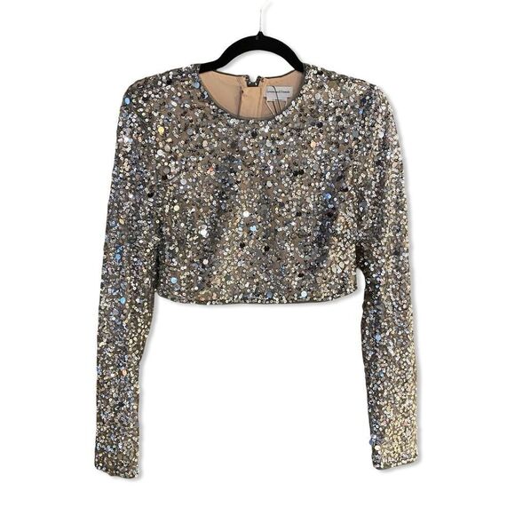 NWT Lovers and Friends CRYSTAL SEQUIN CROPPED TOP silver blouse Revolve S - Picture 7 of 11